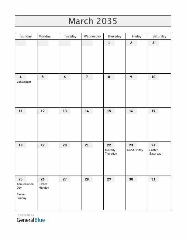 Sweden March 2035 Calendar with Holidays