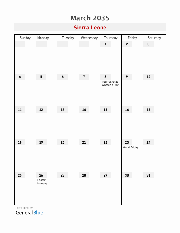 Sierra Leone March 2035 Calendar with Holidays