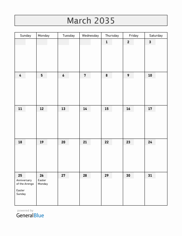 San Marino March 2035 Calendar with Holidays