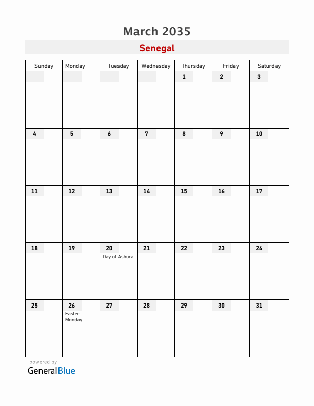 Senegal March 2035 Calendar with Holidays