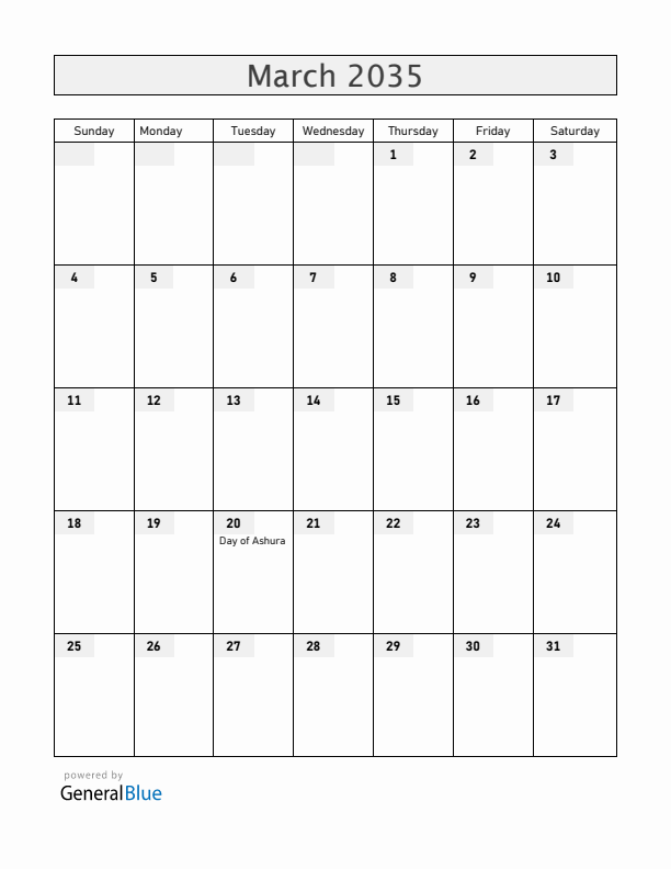 Somalia March 2035 Calendar with Holidays