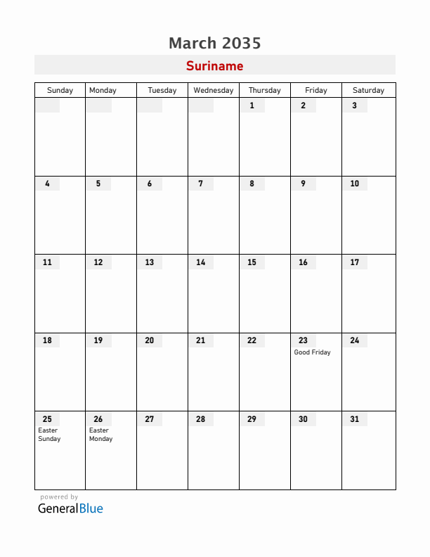 Suriname March 2035 Calendar with Holidays