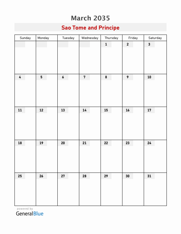 Sao Tome and Principe March 2035 Calendar with Holidays