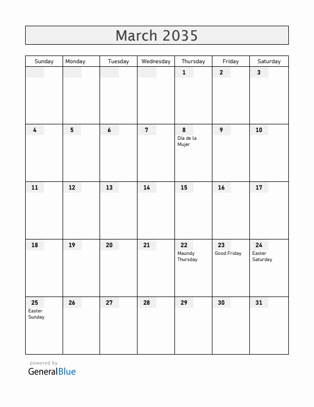 El Salvador March 2035 Calendar with Holidays