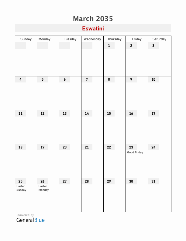 Eswatini March 2035 Calendar with Holidays
