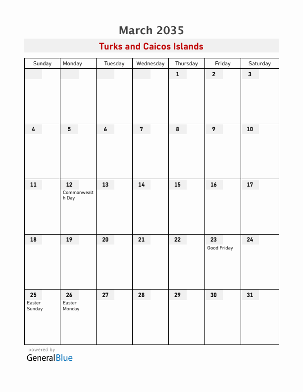Turks and Caicos Islands March 2035 Calendar with Holidays