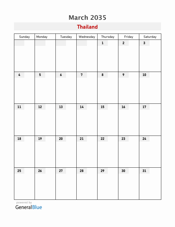 Thailand March 2035 Calendar with Holidays