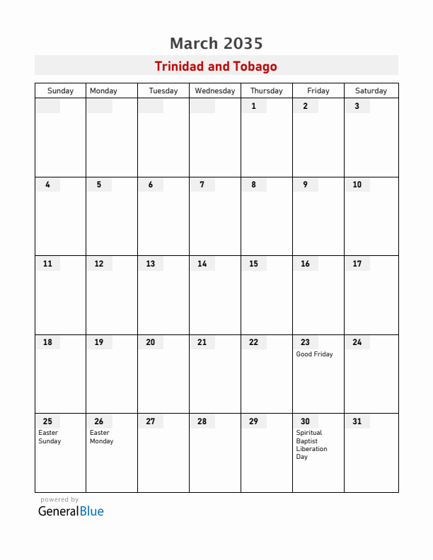 Trinidad and Tobago March 2035 Calendar with Holidays