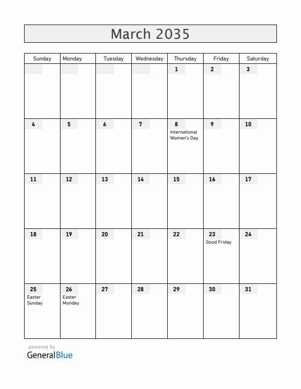 Uganda March 2035 Calendar with Holidays