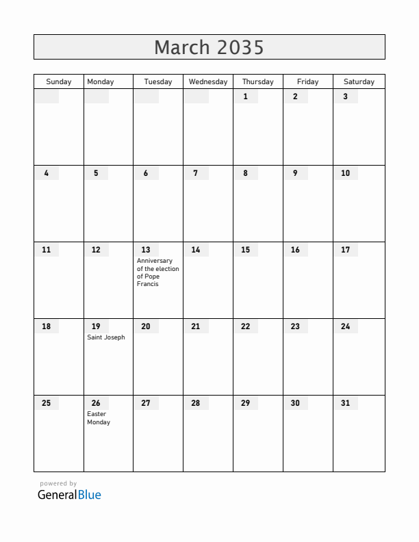 Vatican March 2035 Calendar with Holidays