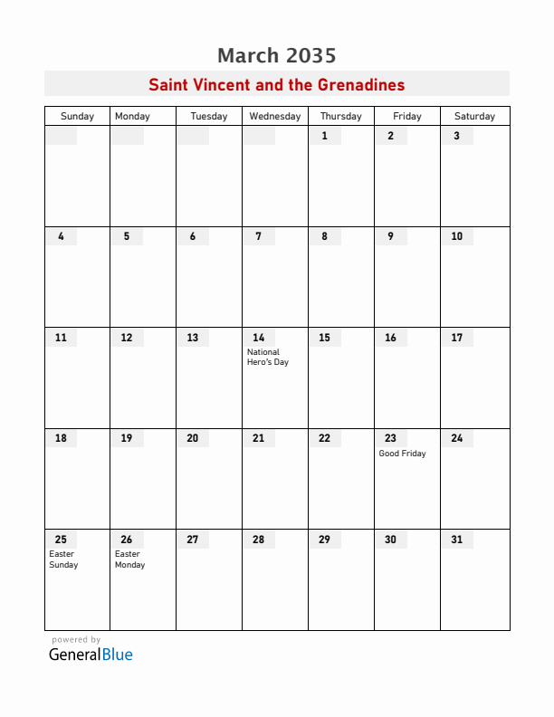 Saint Vincent and the Grenadines March 2035 Calendar with Holidays
