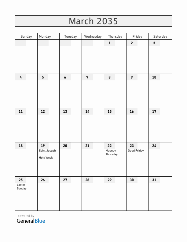 Venezuela March 2035 Calendar with Holidays