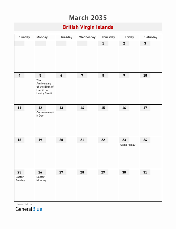 British Virgin Islands March 2035 Calendar with Holidays