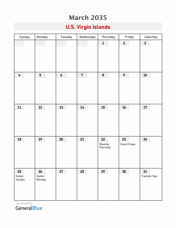 U.S. Virgin Islands March 2035 Calendar with Holidays