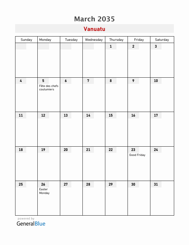 Vanuatu March 2035 Calendar with Holidays