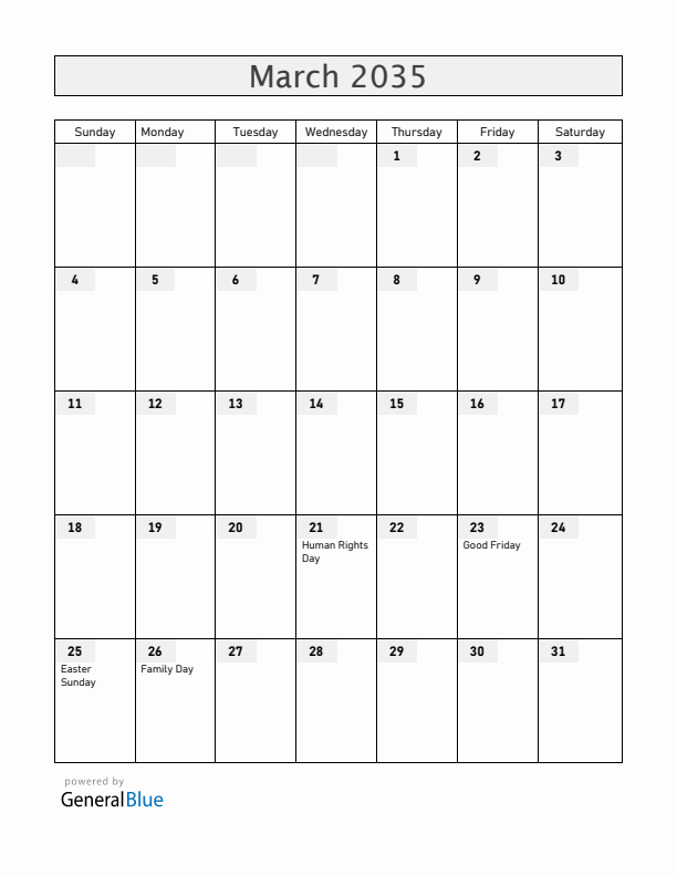 South Africa March 2035 Calendar with Holidays