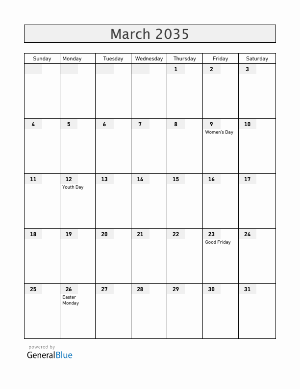Zambia March 2035 Calendar with Holidays