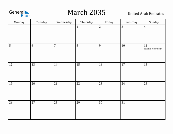 March 2035 Calendar United Arab Emirates
