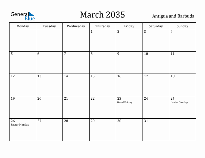 March 2035 Calendar Antigua and Barbuda