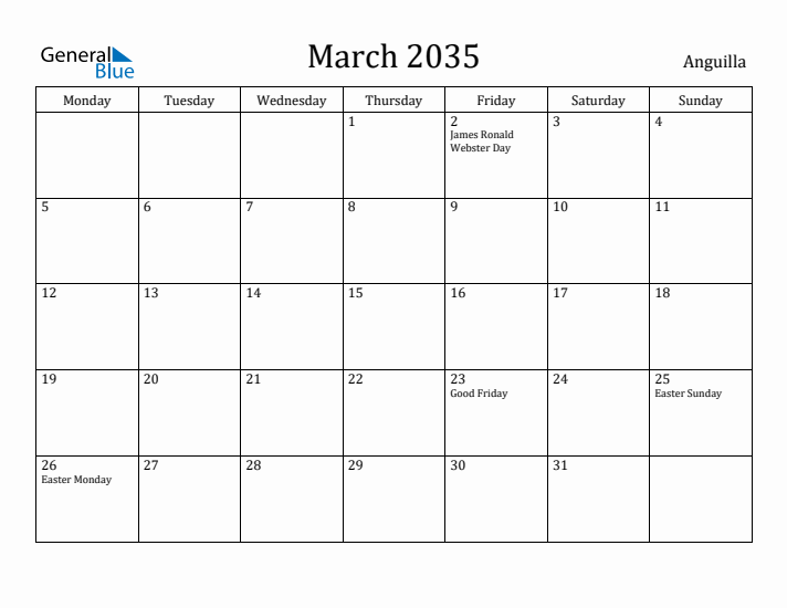 March 2035 Calendar Anguilla