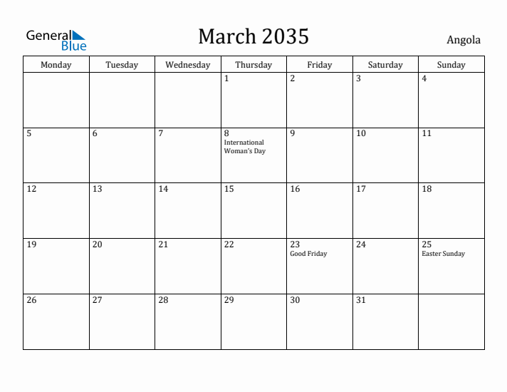 March 2035 Calendar Angola
