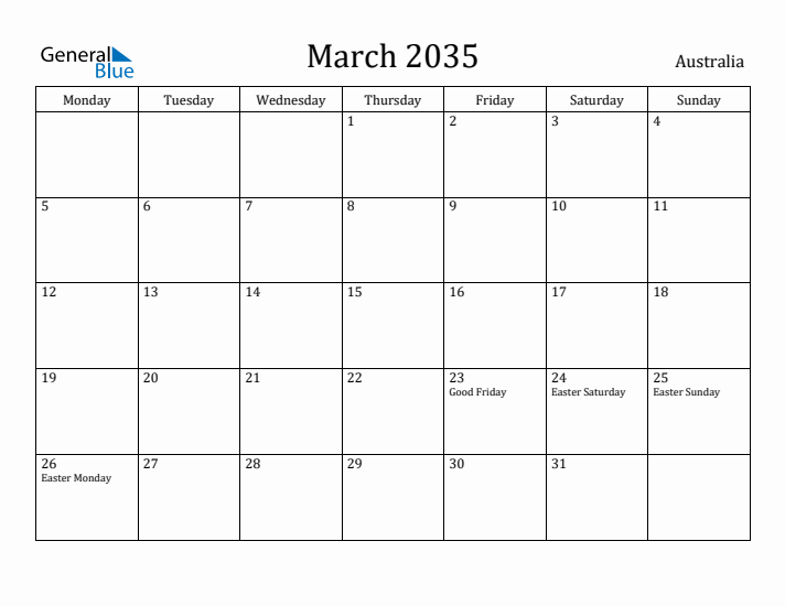 March 2035 Calendar Australia