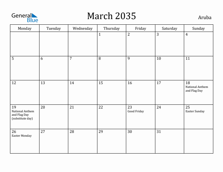 March 2035 Calendar Aruba
