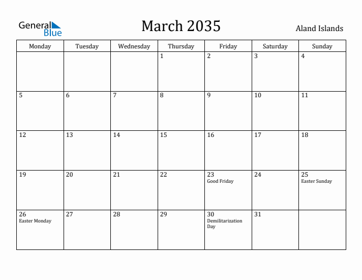 March 2035 Calendar Aland Islands