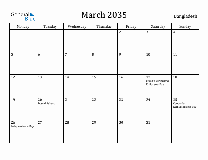 March 2035 Calendar Bangladesh