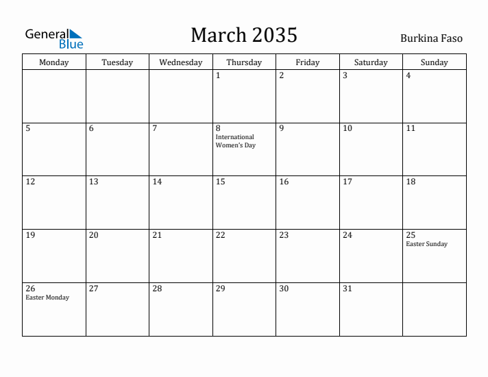 March 2035 Calendar Burkina Faso
