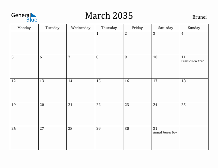 March 2035 Calendar Brunei