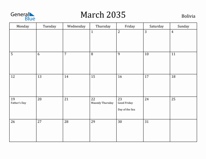 March 2035 Calendar Bolivia