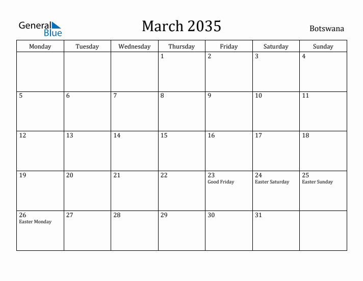 March 2035 Calendar Botswana