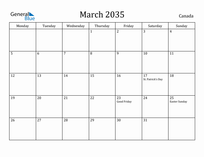 March 2035 Calendar Canada