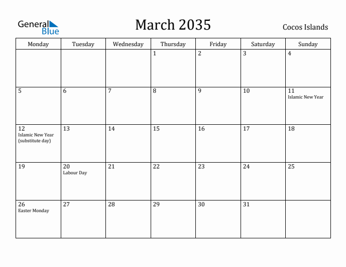 March 2035 Calendar Cocos Islands