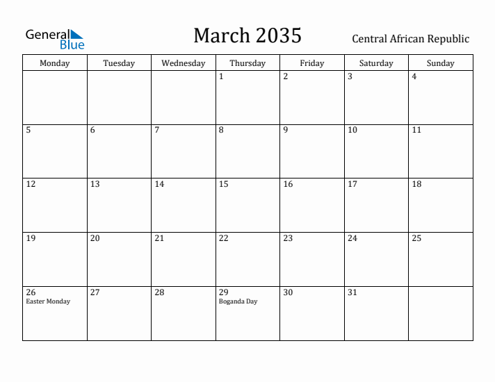 March 2035 Calendar Central African Republic