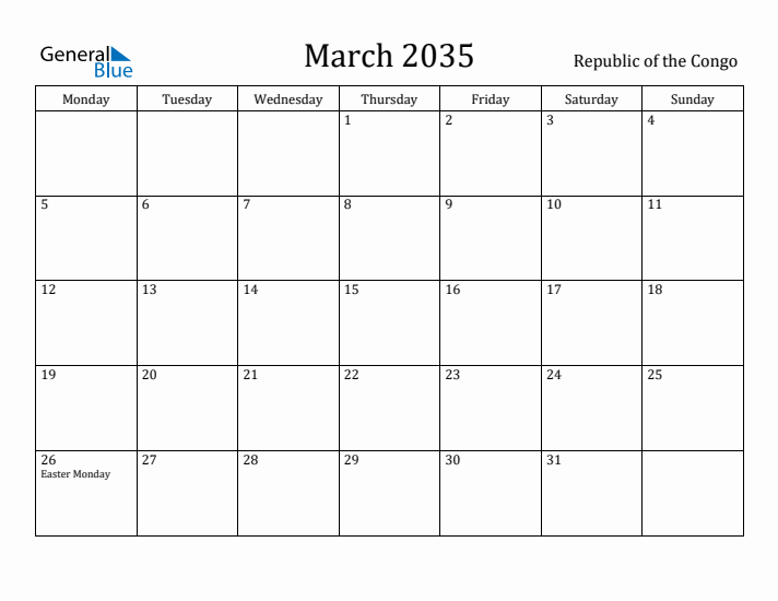 March 2035 Calendar Republic of the Congo