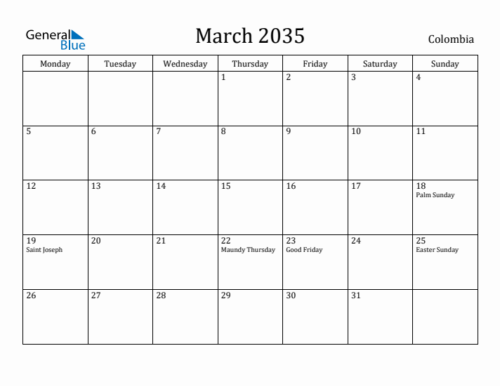 March 2035 Calendar Colombia
