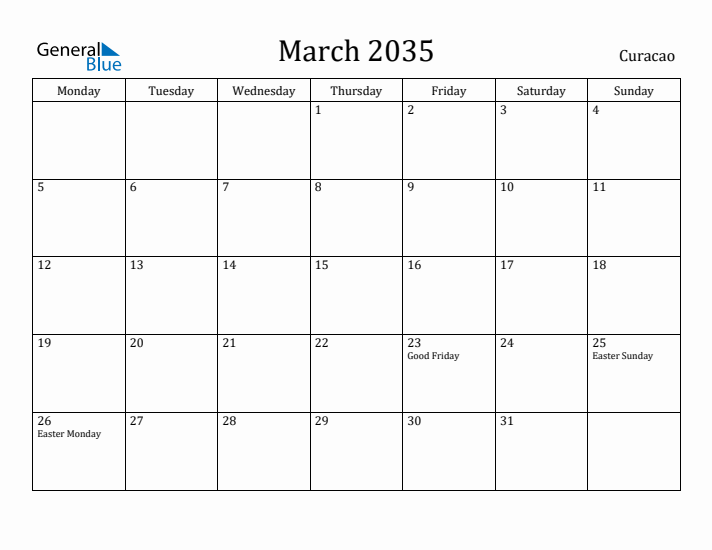 March 2035 Calendar Curacao