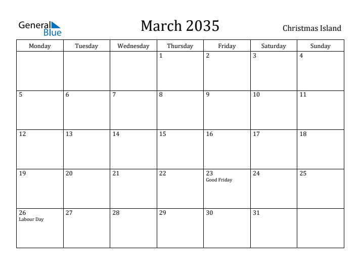March 2035 Calendar Christmas Island