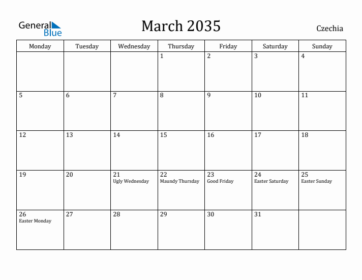 March 2035 Calendar Czechia