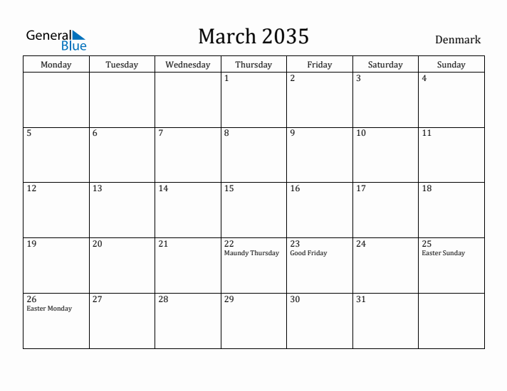 March 2035 Calendar Denmark