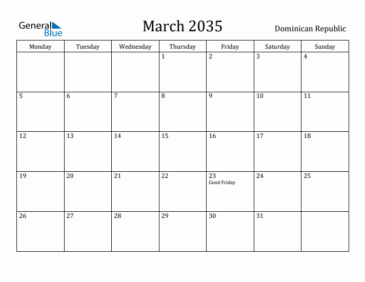 March 2035 Calendar Dominican Republic