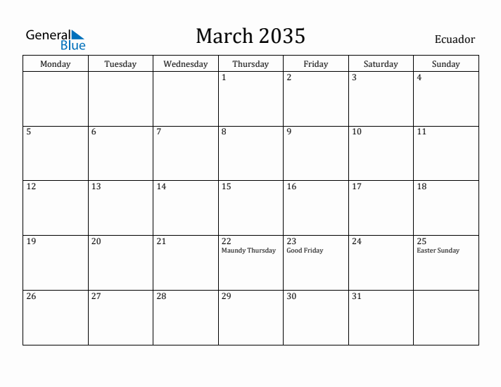 March 2035 Calendar Ecuador