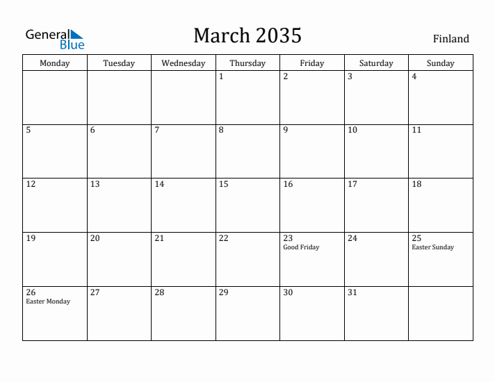 March 2035 Calendar Finland