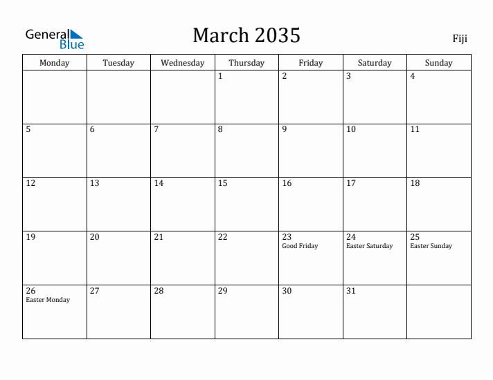 March 2035 Calendar Fiji