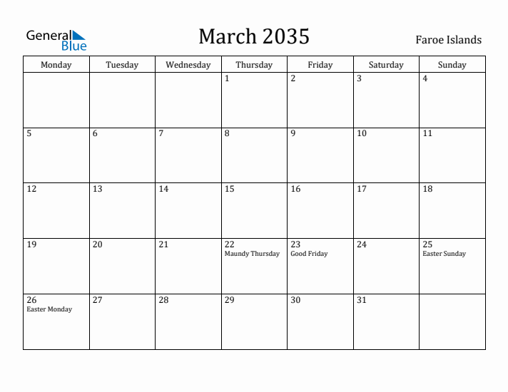 March 2035 Calendar Faroe Islands