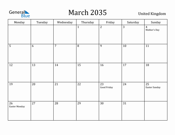 March 2035 Calendar United Kingdom