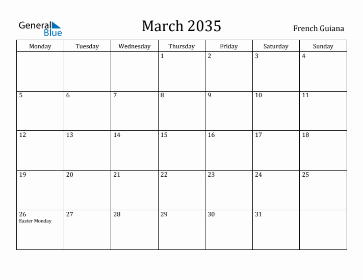 March 2035 Calendar French Guiana