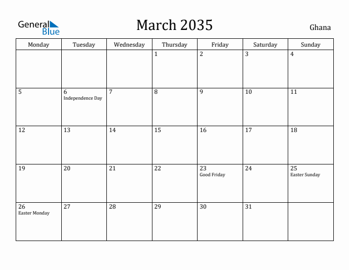 March 2035 Calendar Ghana